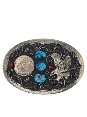 Extra Large Eagle Belt Buckle Turquoise Coral Dollar Coin 6 Inch Western Wear